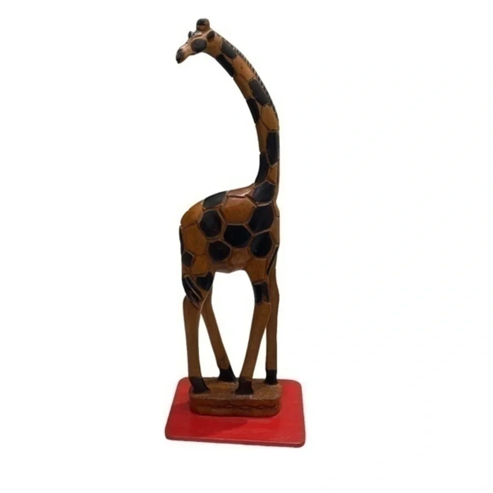 Hand Craved Wooden Giraffe Sculpture on Red Base